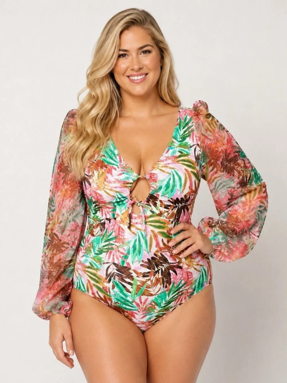 Kim Gravel x Swimsuits For All Size 18 W Chiffon Sleeve One-Piece Daquiri Palm